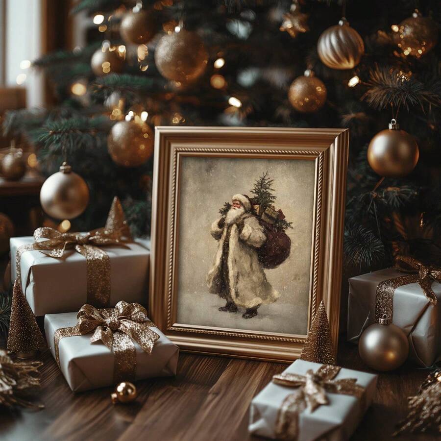 Vintage Santa Claus Carrying Gift Box Holiday Christmas Canvas Poster 