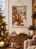Rustic Christmas children canvas print displayed near a stone fireplace