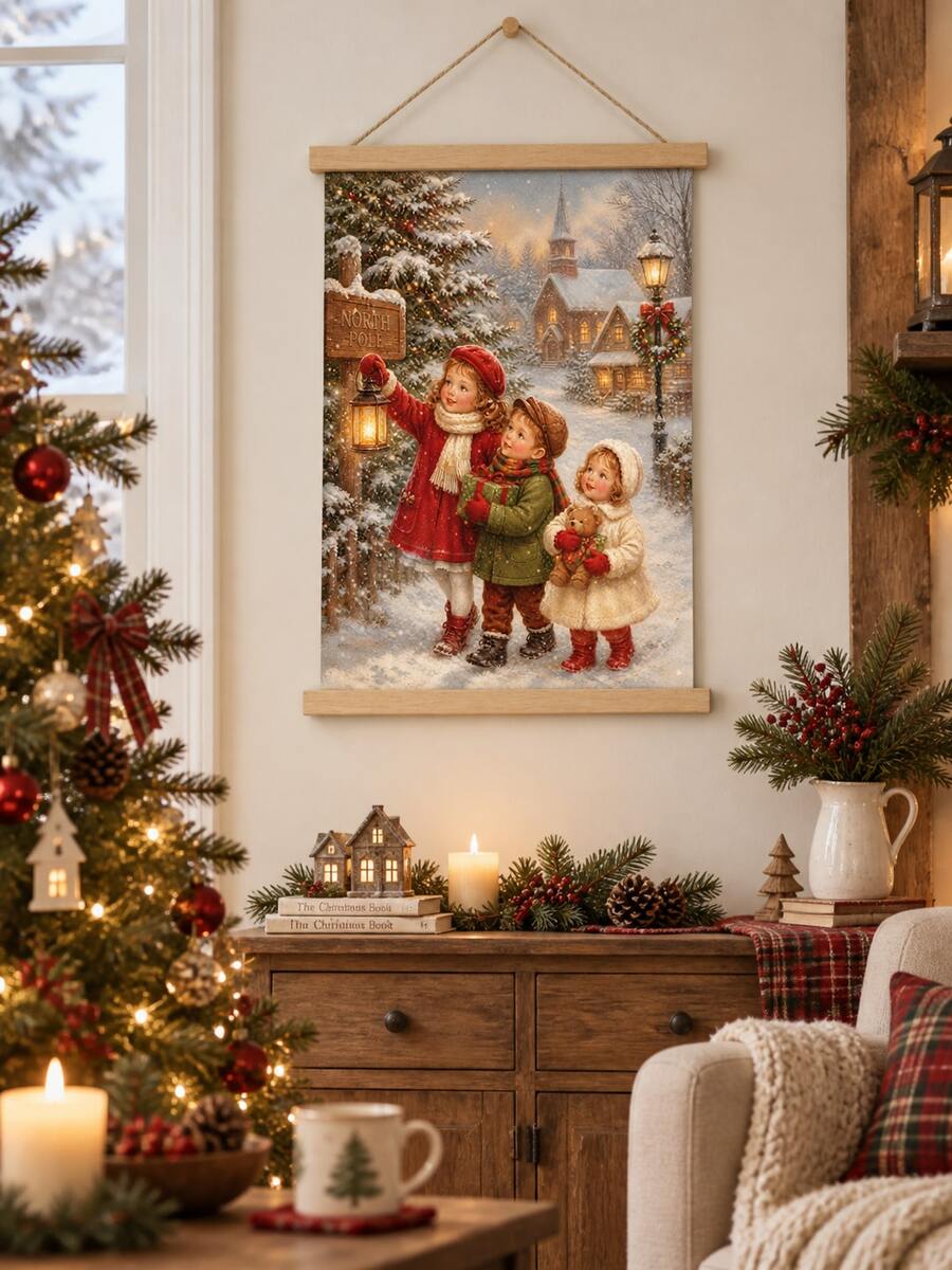 Rustic Christmas children canvas print displayed near a stone fireplace