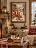 Snowy children and glowing lantern holiday wall art beside a Christmas tree