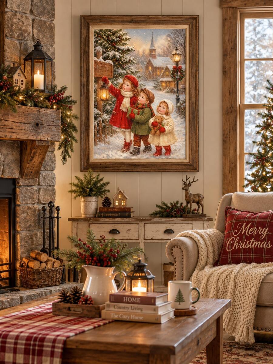 Snowy children and glowing lantern holiday wall art beside a Christmas tree