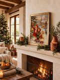 Farmhouse winter wall art with snowy church scene in a warm wood frame
