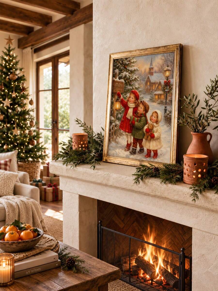 Farmhouse winter wall art with snowy church scene in a warm wood frame