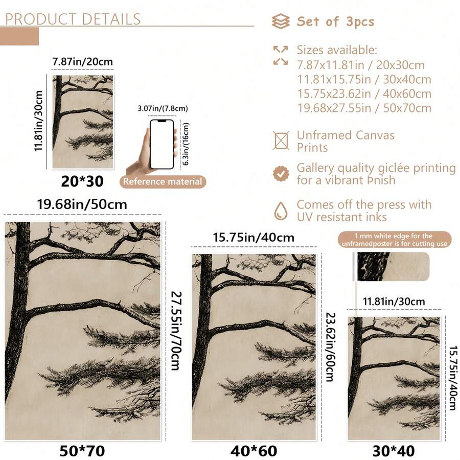 Pine branch canvas size guide showing unframed print dimensions and available sizes
