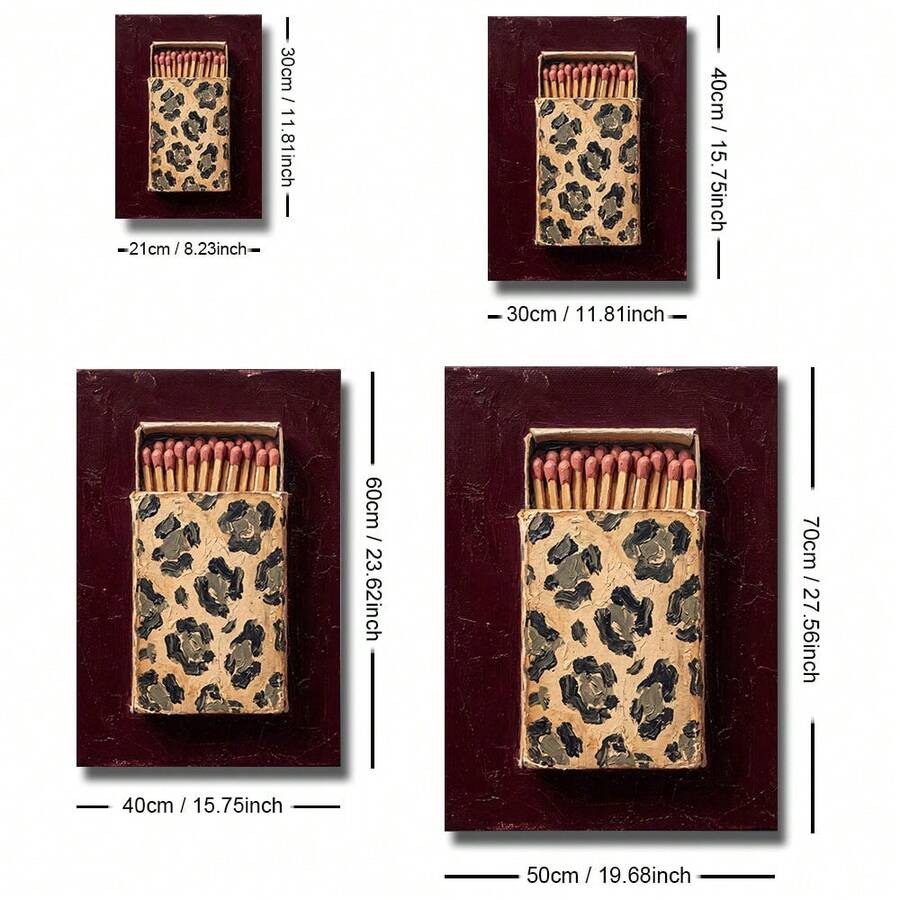 Size guide showing multiple dimensions for framed and unframed retro matchbox canvas poster