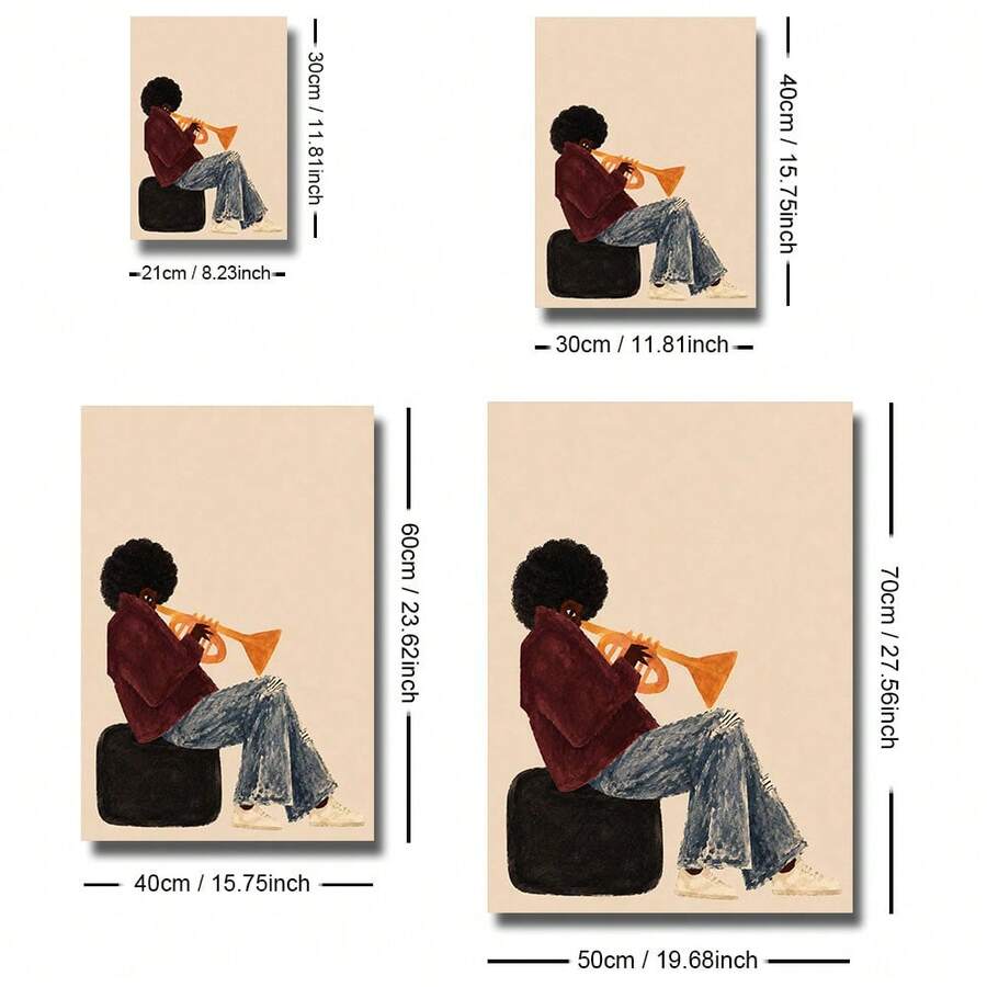 Canvas size guide showing trumpet-player artwork in four available dimensions