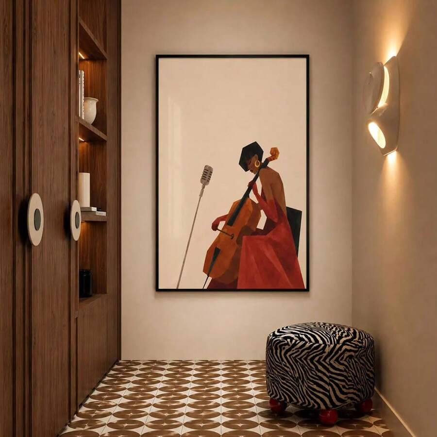 Black-framed cellist artwork beside wood shelves and a patterned stool