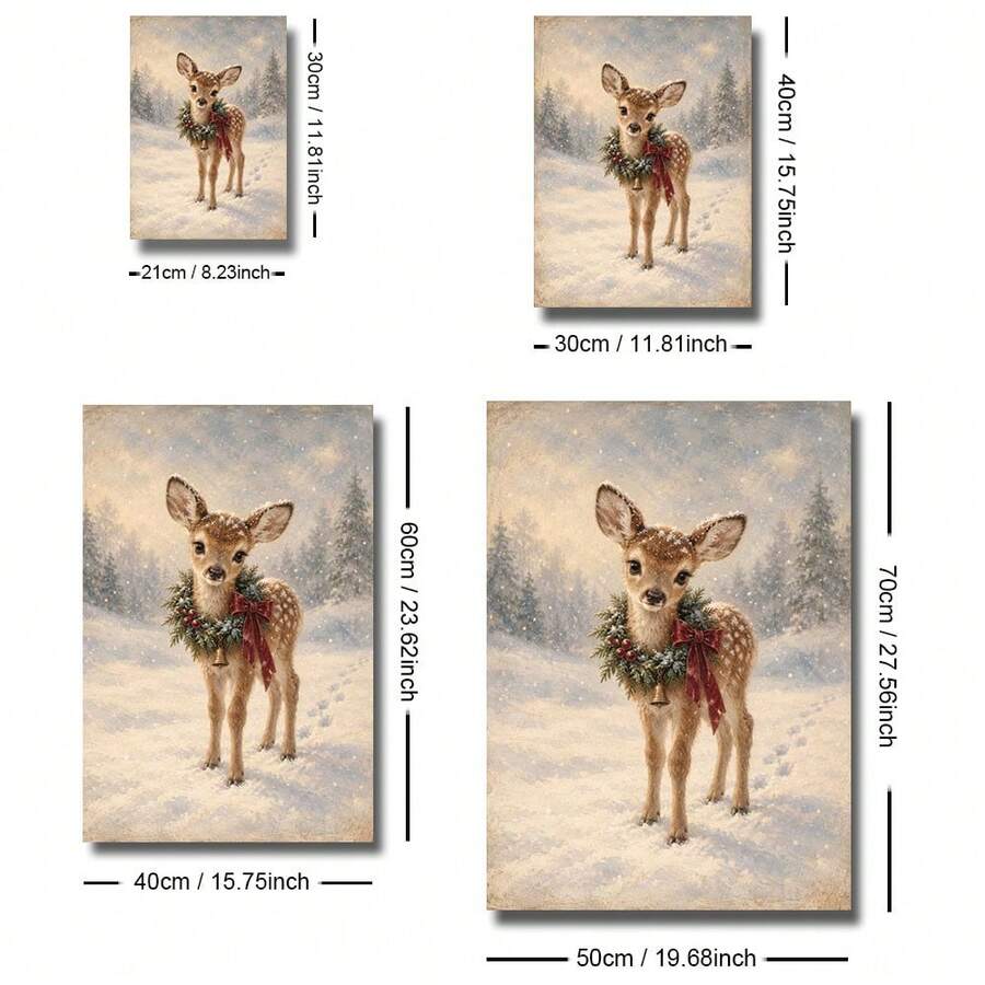 Size guide for snowy Christmas fawn canvas poster with available dimensions