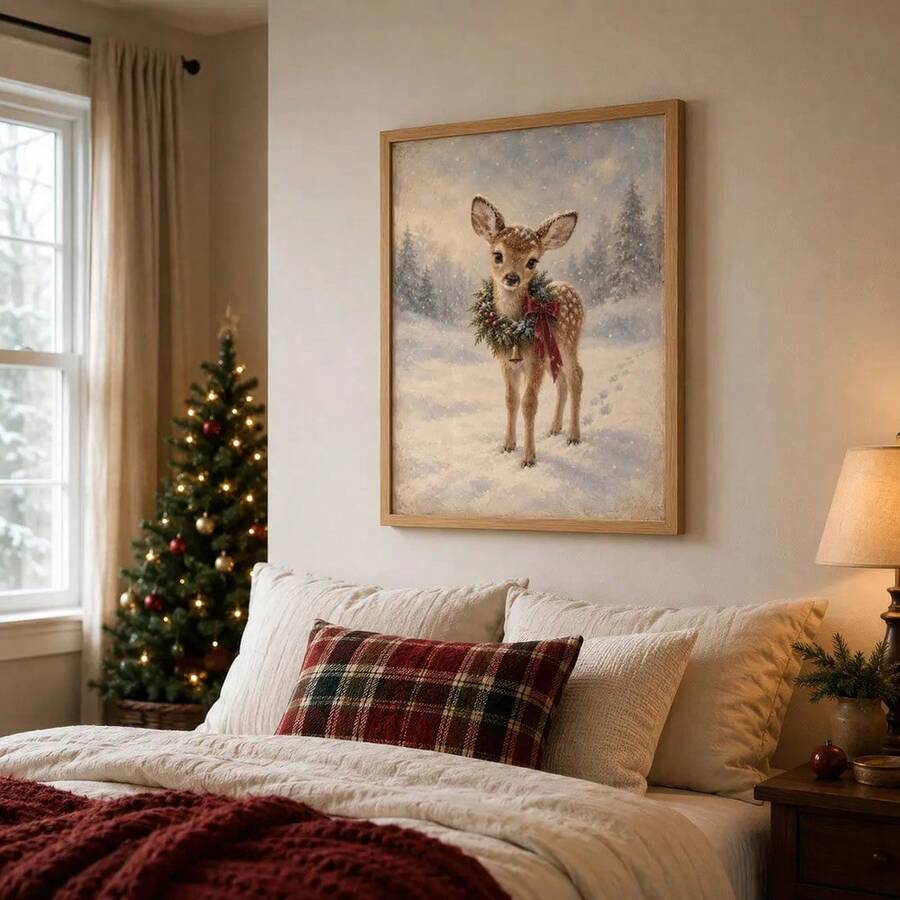Snowy Christmas fawn canvas poster in a light wood frame above a festive bed