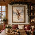 Rustic snowy deer wall art in a wood frame within a cozy cabin interior