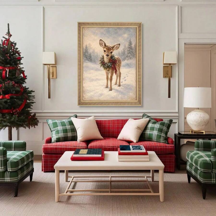 Snowy Christmas fawn canvas poster in a light wood frame above a festive bed