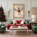 Bring gentle winter charm to your walls with this Christmas fawn canvas poster. The softly painted scene centers a wide-eyed spotted deer standing in fresh snow, wearing an evergreen wreath with a deep red ribbon. Hazy pine trees and delicate falling snow surround the fawn in muted cream, taupe, gray-blue, and forest-green tones, creating a sweet Nordic woodland mood that feels peaceful and nostalgic.