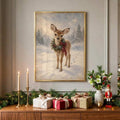 Nordic fawn Christmas canvas print above a garland-decorated sideboard
