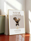 Weenie Martini dachshund artwork styled beside strawberries on a bright counter