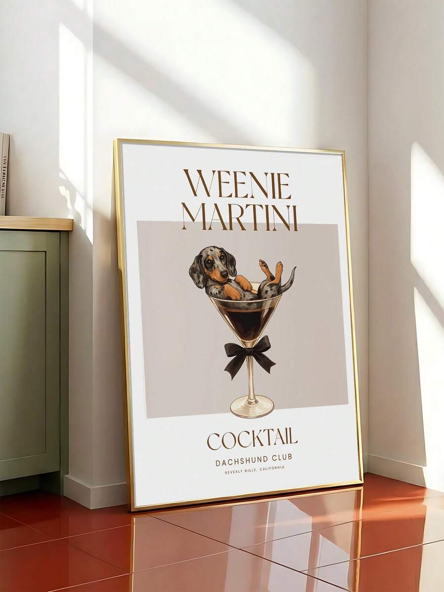 Weenie Martini dachshund artwork styled beside strawberries on a bright counter