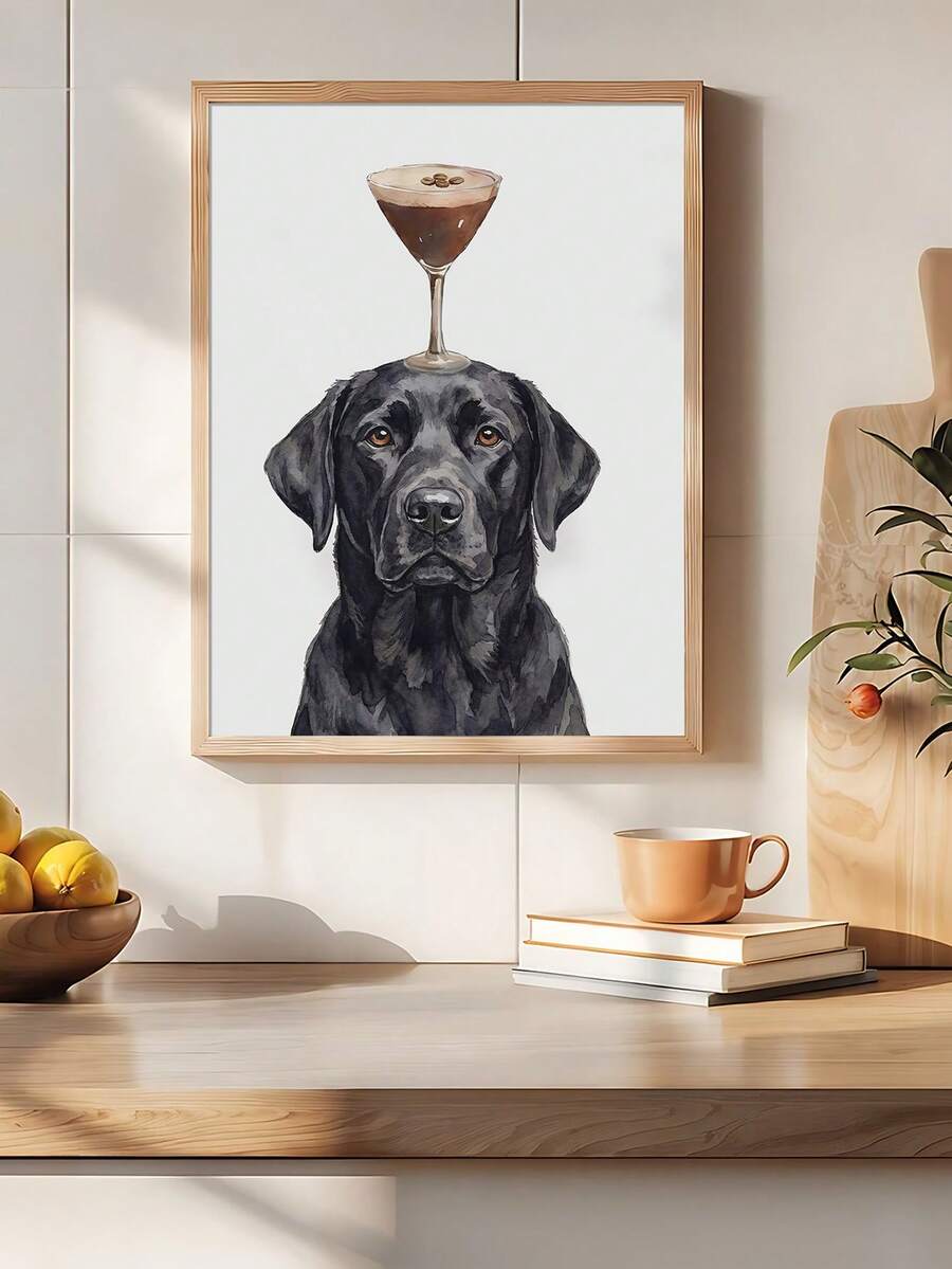 Framed Labrador cocktail portrait displayed above a light wood console
