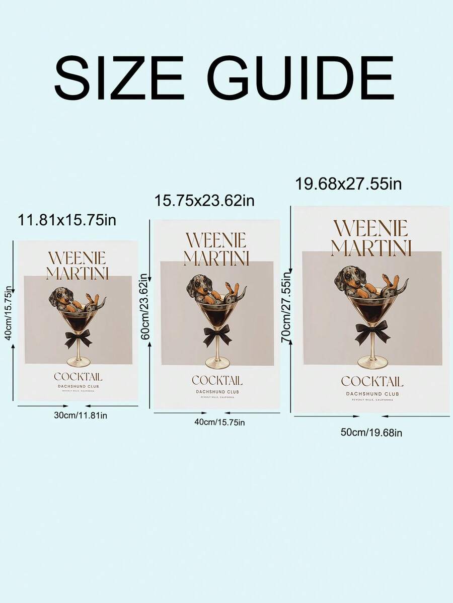 Size guide showing Weenie Martini dachshund canvas in three dimensions