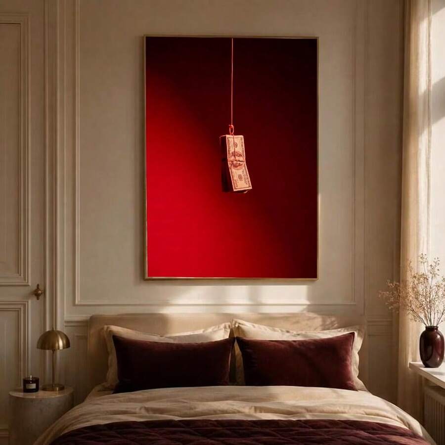 Three-panel retro telephone and lucky typography wall art set displayed above a neutral sofa in a burgundy room