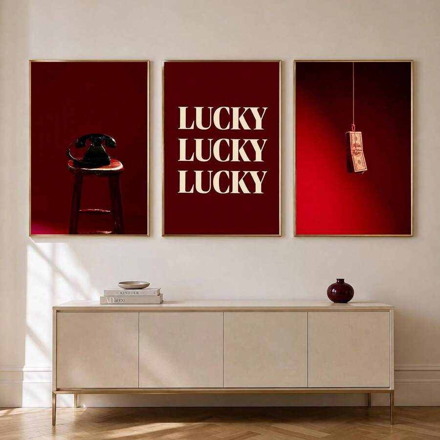 Framed red retro telephone canvas poster showing a black vintage telephone on a stool against a burgundy background