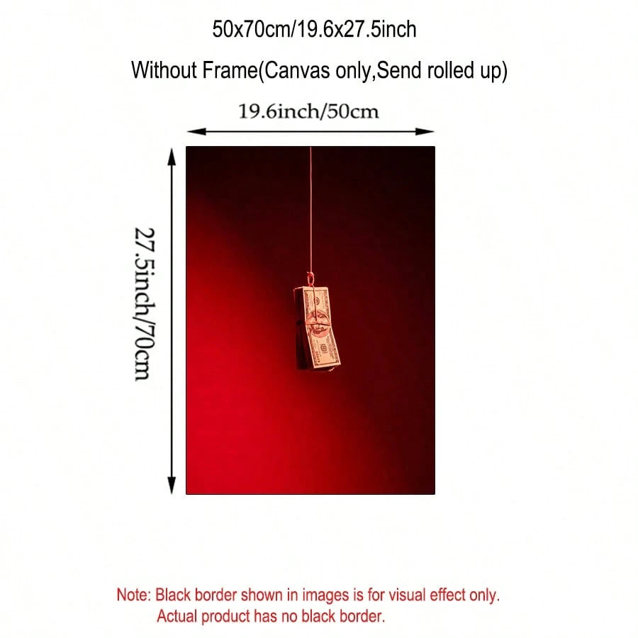 Single framed hanging banknote red wall art displayed above a bed in a neutral bedroom