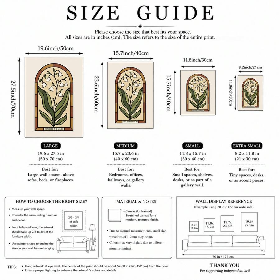 Lily poster size guide comparing four canvas dimensions from 21 by 30 to 50 by 70 cm
