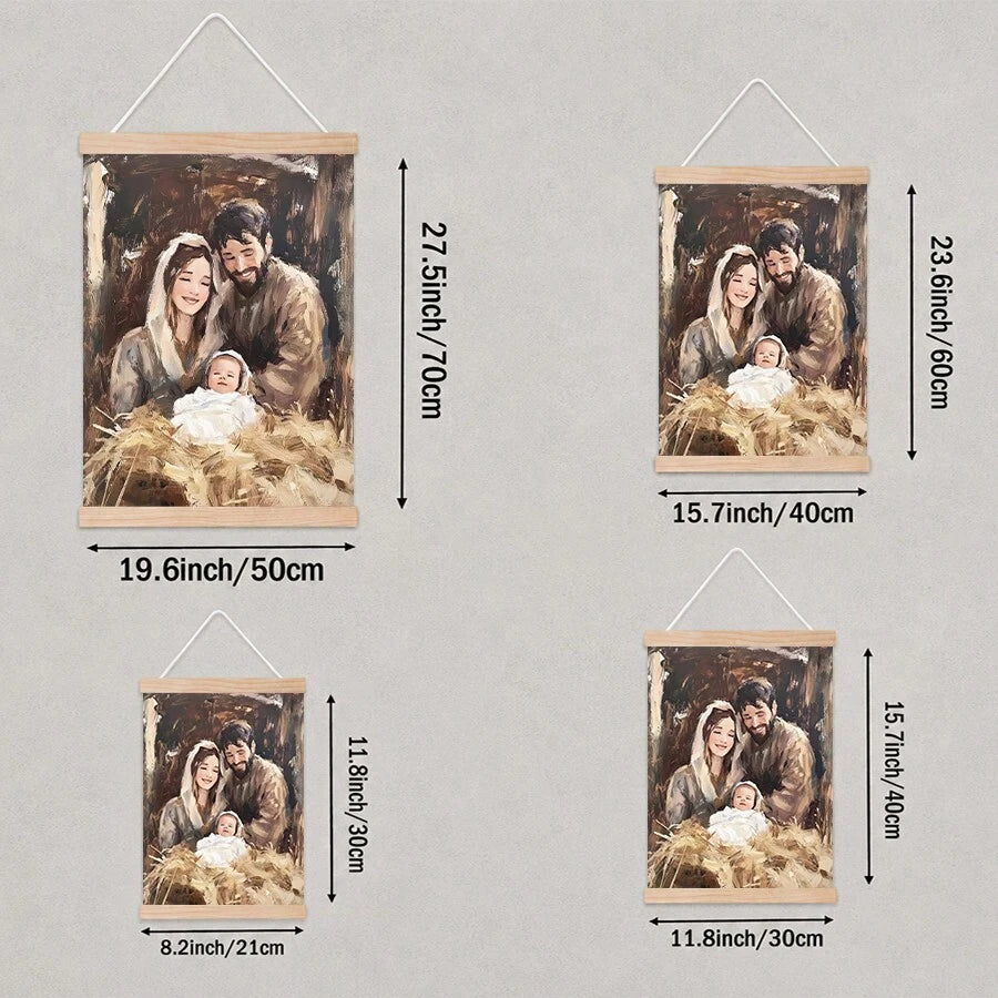 Size guide for Holy Family nativity canvas poster with available dimensions