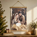 Religious nativity scene poster displayed in a cozy neutral home interior