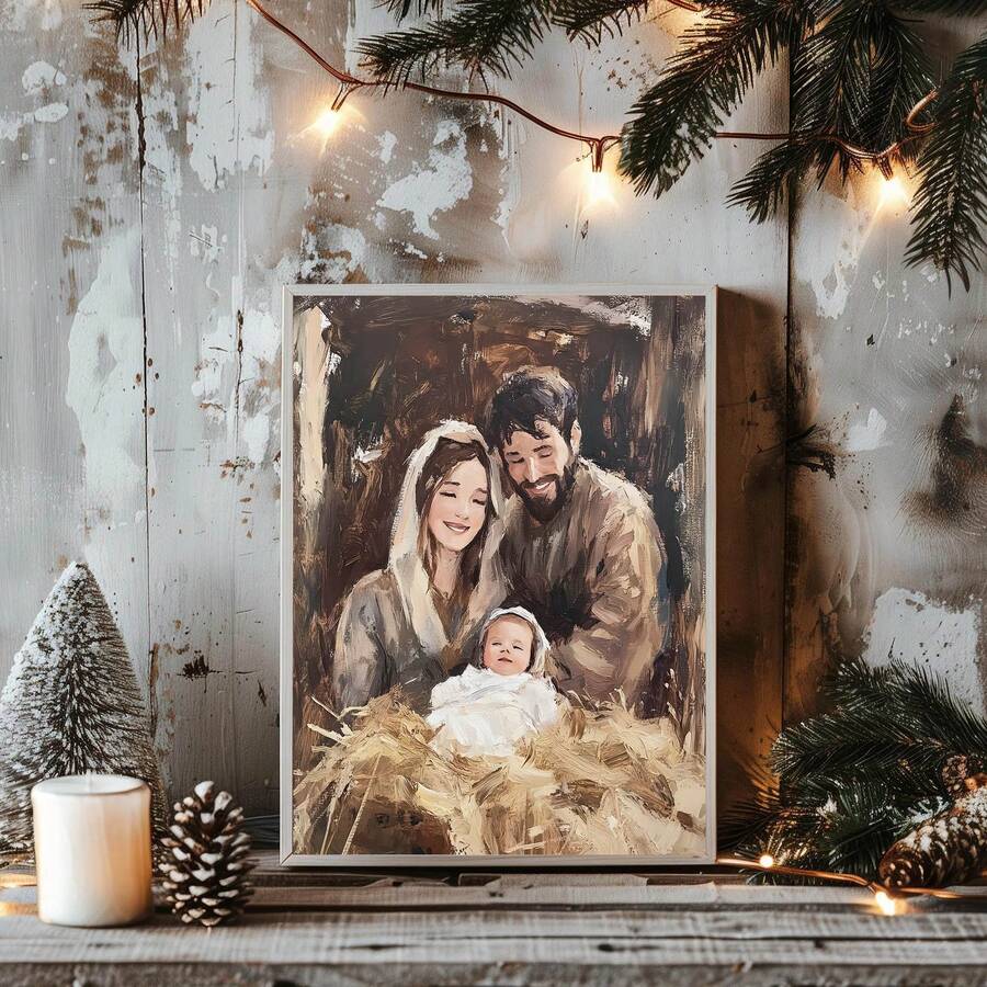 Holy Family nativity canvas poster in a warm wood frame above a rustic shelf