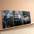 Automotive triptych wall art with black and silver sports car close-ups