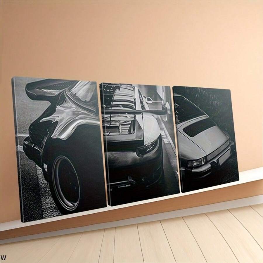 Automotive triptych wall art with black and silver sports car close-ups