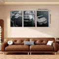 Classic sports car canvas panels leaning against a warm neutral wall