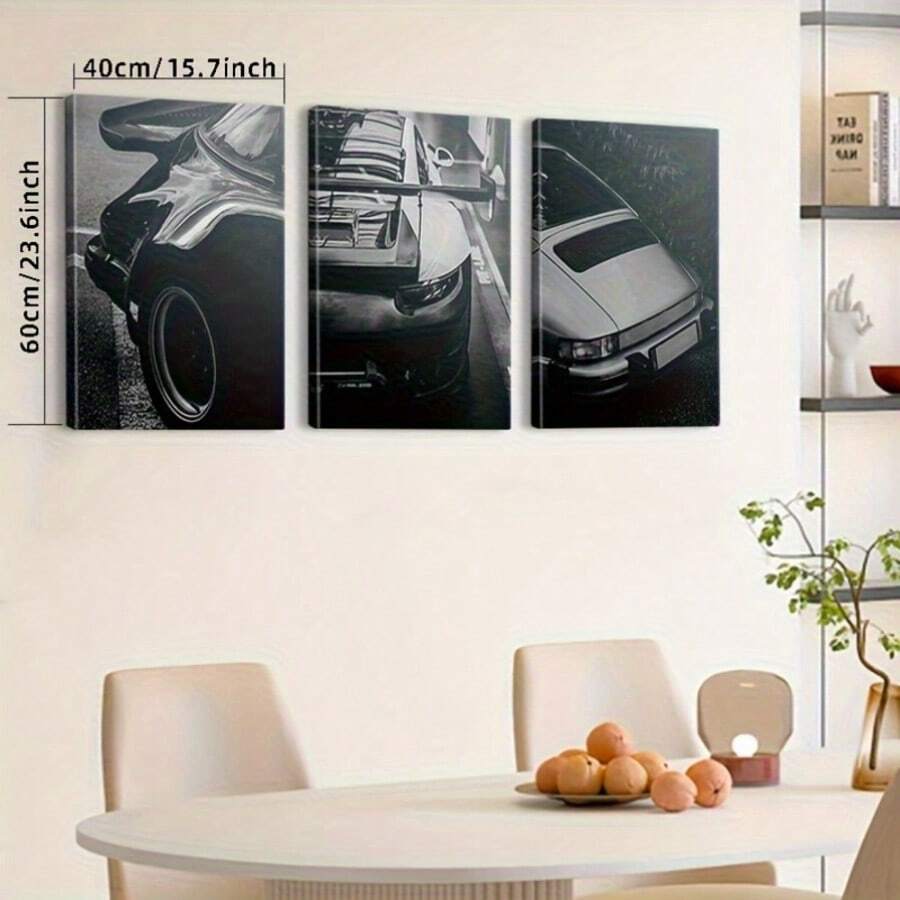 Vintage car wall art set displayed above a brown leather sofa
