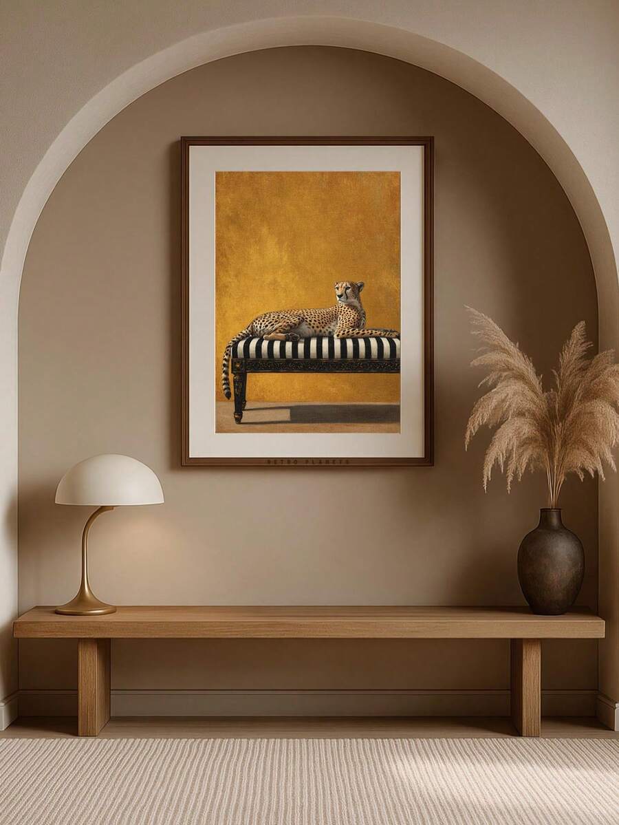Dark Academia Vintage Leopard on Striped Bench Canvas Poster