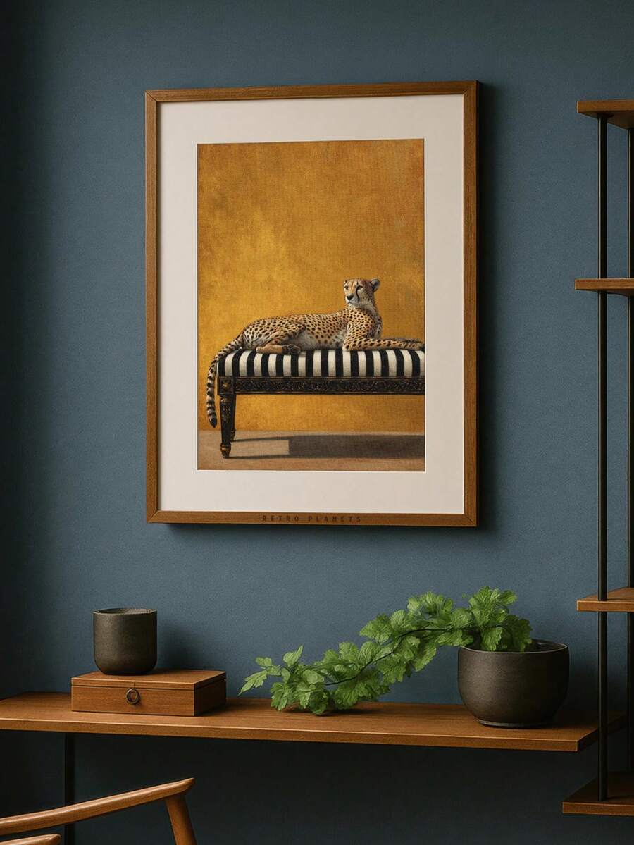 Dark Academia Vintage Leopard on Striped Bench Canvas Poster