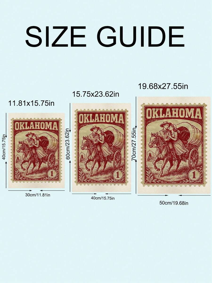 Size guide for vintage Oklahoma stamp canvas poster with available dimensions