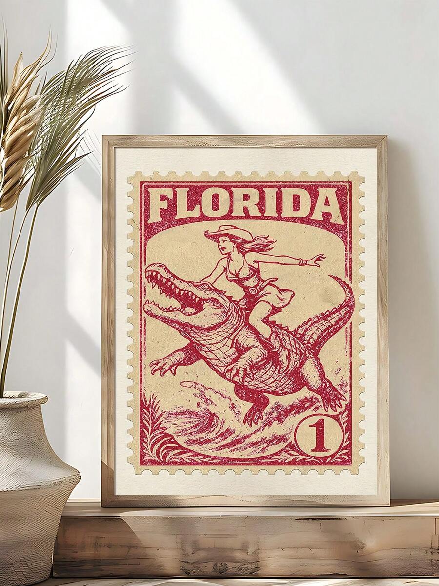 Vintage western stamp artwork displayed with books and natural wood decor