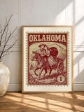 Red Americana postage stamp canvas print styled in a warm neutral interior