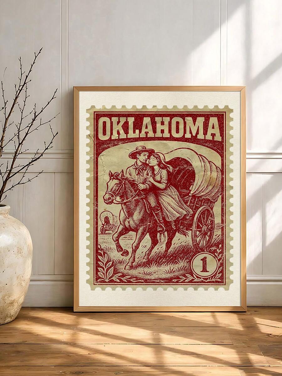 Red Americana postage stamp canvas print styled in a warm neutral interior