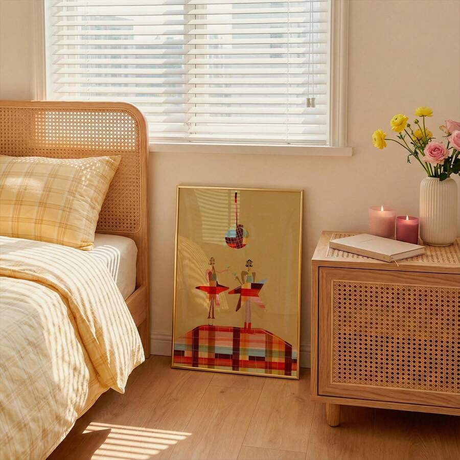 Star girl disco canvas styled beside a bed and flowers in a warm neutral bedroom