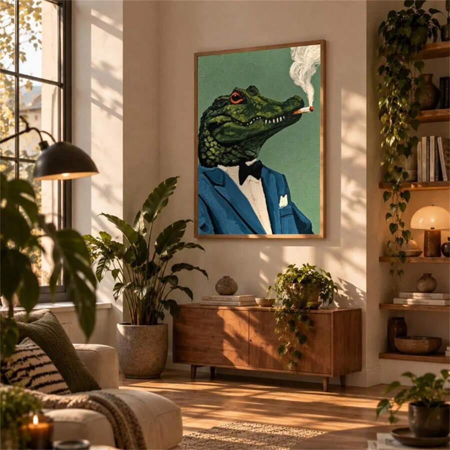 Quirky Surreal Minimalist Crocodile Animal Canvas Poster