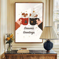 Season’s Greetings mug artwork framed above a console with flowers and lamp