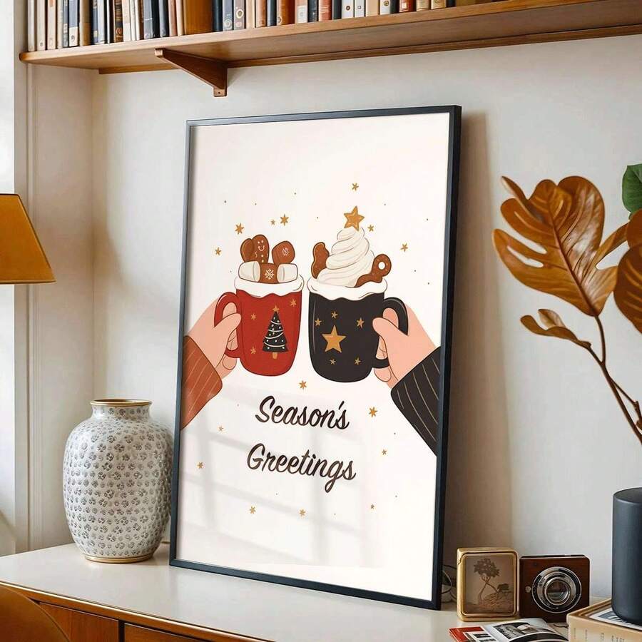 Black-framed Christmas mug print styled on a shelf beside a leafy plant