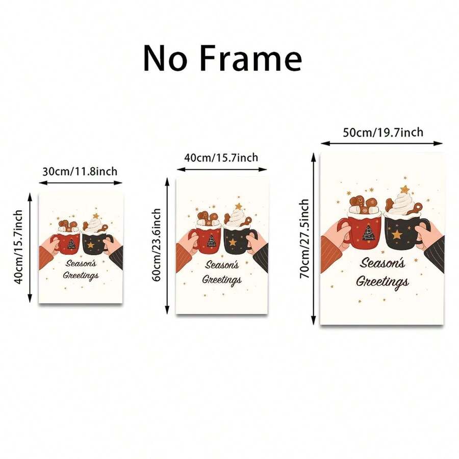 Unframed holiday cocoa mug poster size guide showing three canvas dimensions