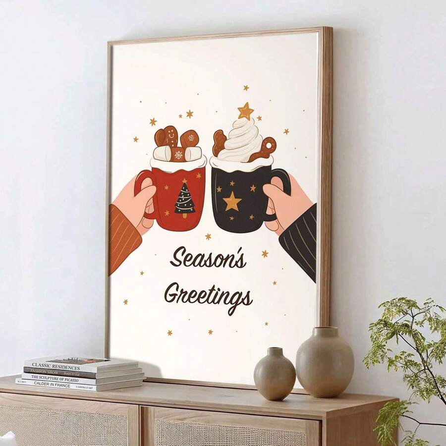 Wood-framed holiday canvas showing two festive cocoa mugs on a pale wall