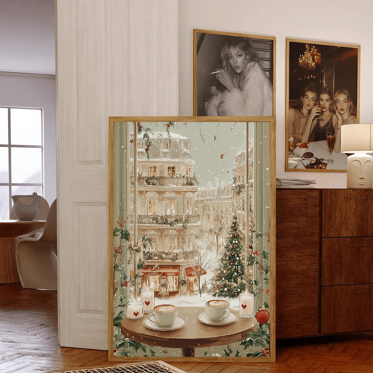Vintage Snowy Paris Winter City Window View Christmas Canvas Poster 