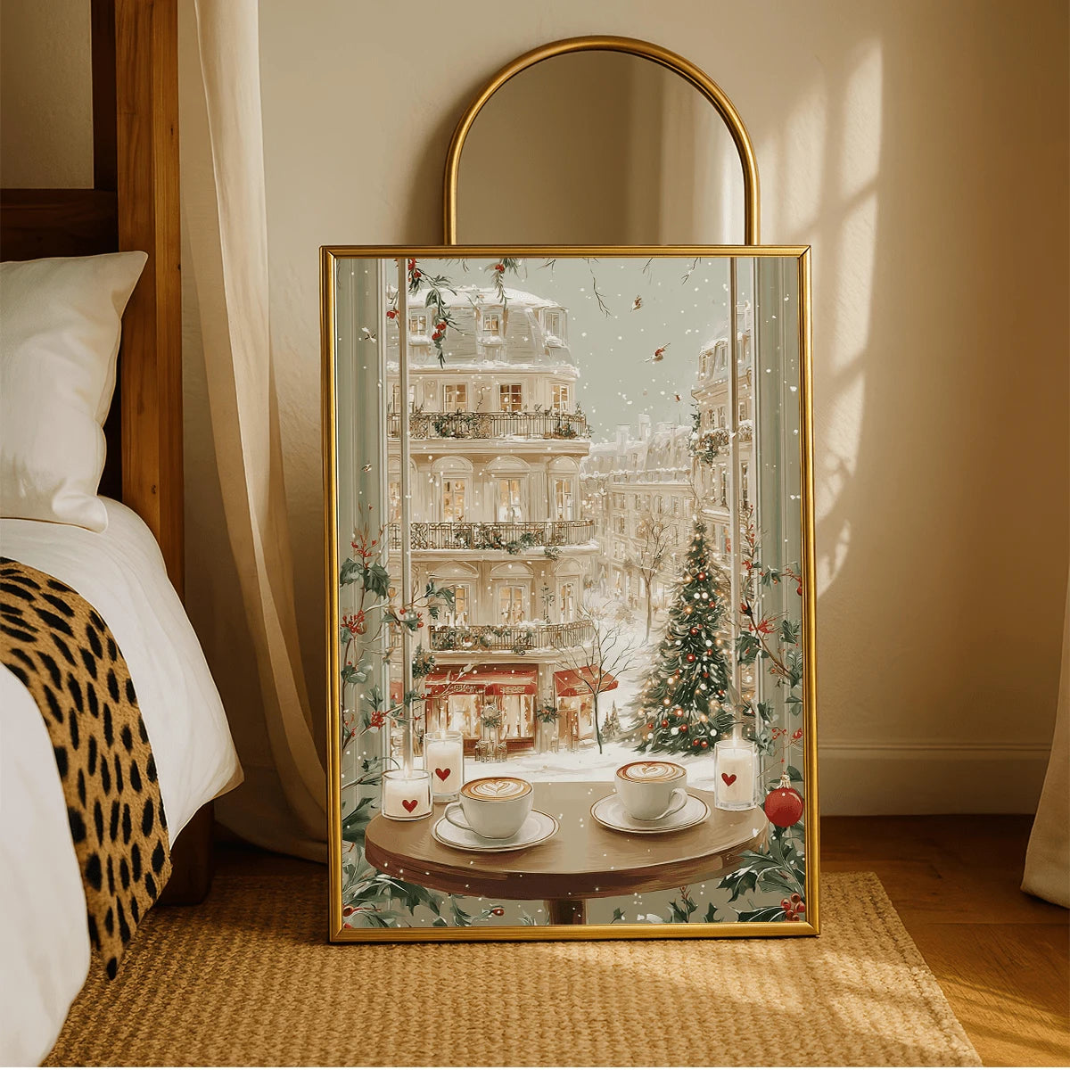 Vintage Snowy Paris Winter City Window View Christmas Canvas Poster 