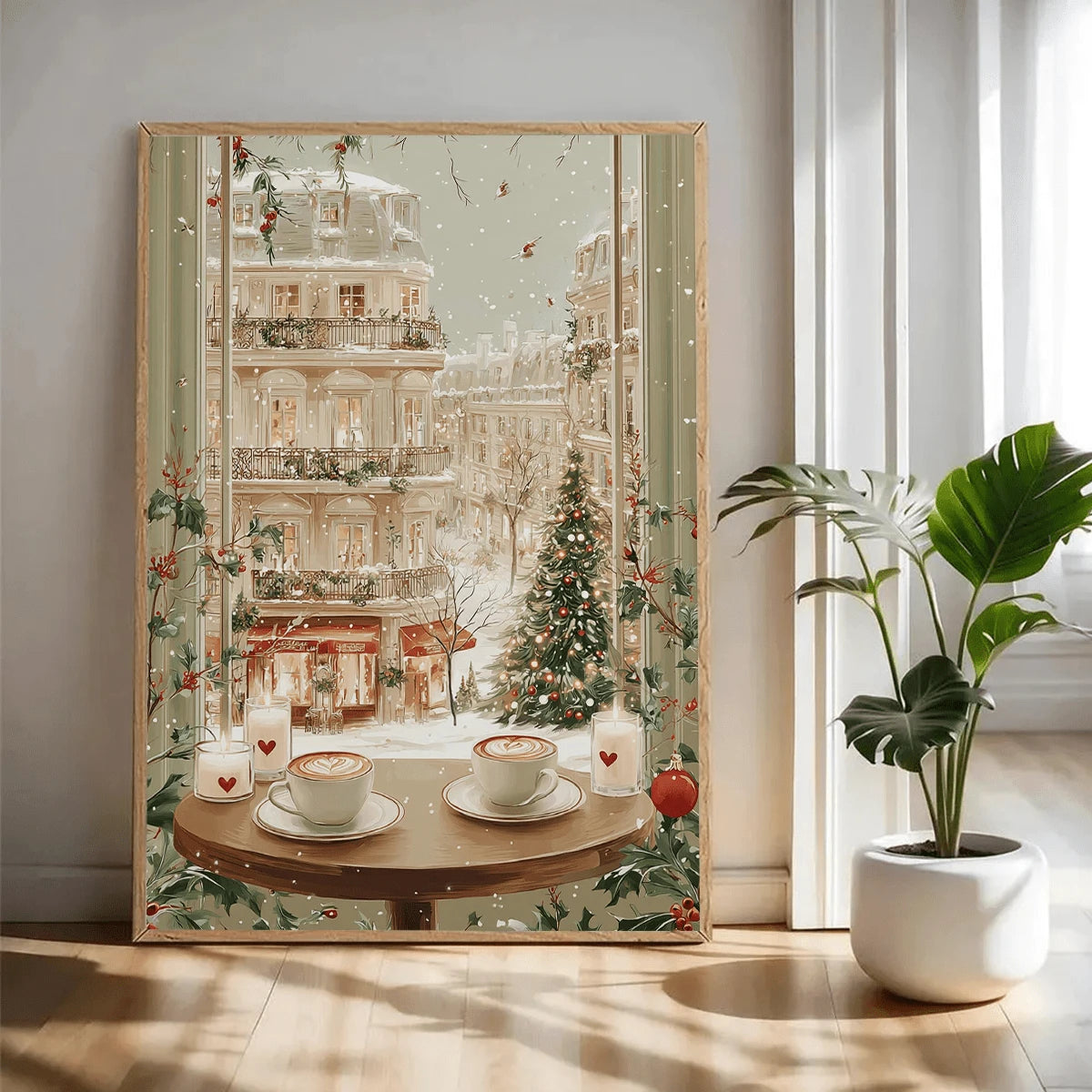 Vintage Snowy Paris Winter City Window View Christmas Canvas Poster 