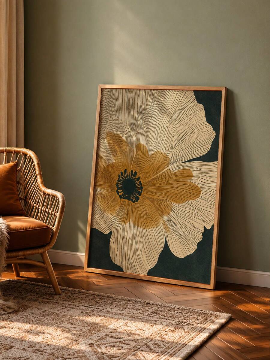 Oversized golden and ivory iris canvas leaning beside wicker chair and patterned rug