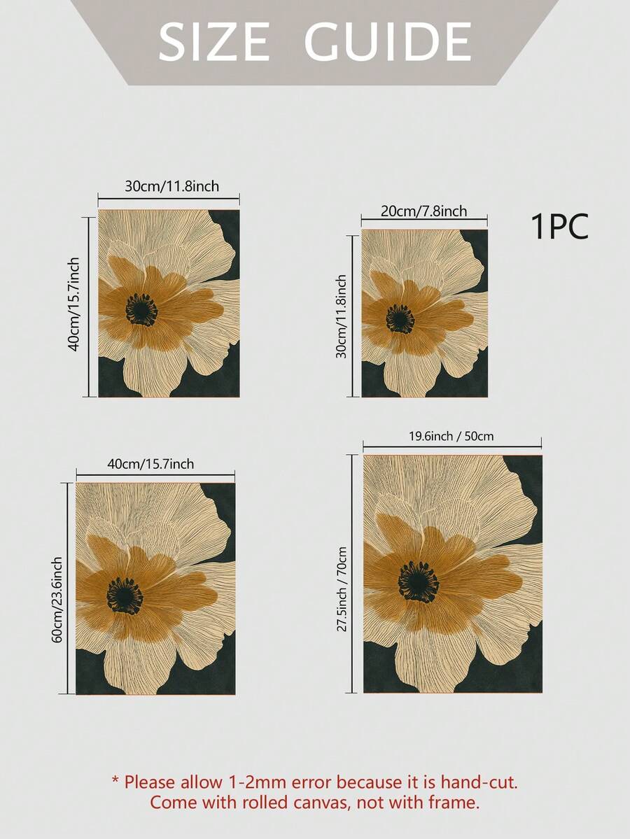 Canvas size guide showing four dimensions for the cream and ochre iris artwork