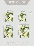 Size guide showing four canvas dimensions for white hydrangea floral artwork